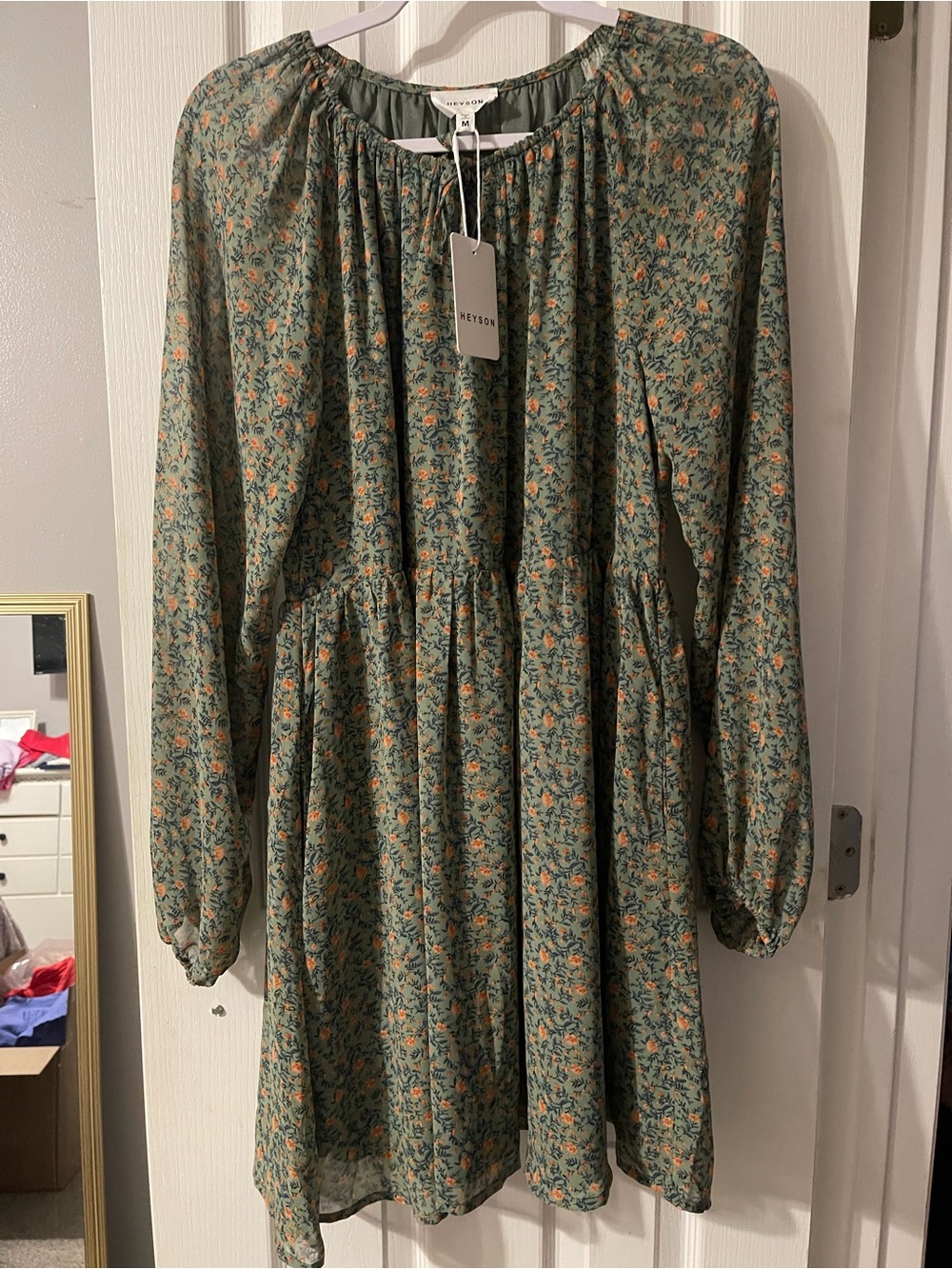 Reformation Olive Green Floral Long Sleeve Tiered Dress